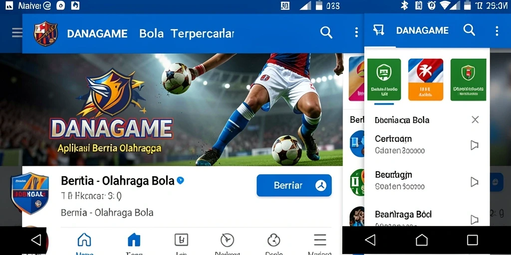Screenshot antarmuka aplikasi DANAGAME dengan berita olahraga bola terkini.